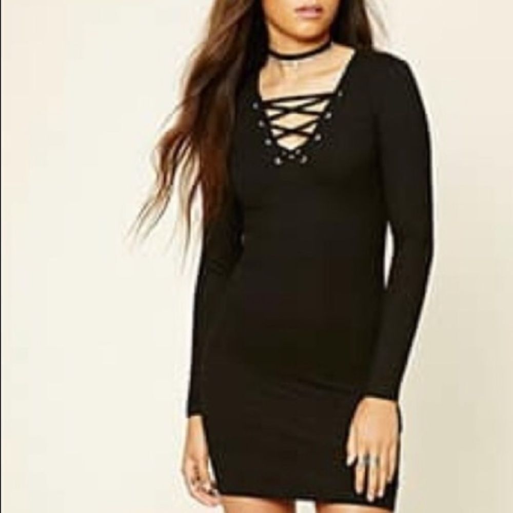 Black Lace Up Front Mini Bodycon Dress
